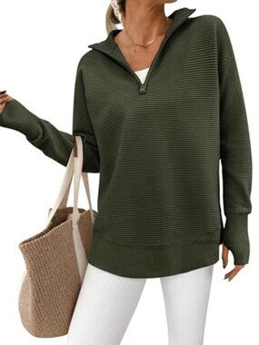 Women's Ribbed Knit V-Neck Quarter Zip Pullover Sweater with Thumb Holes